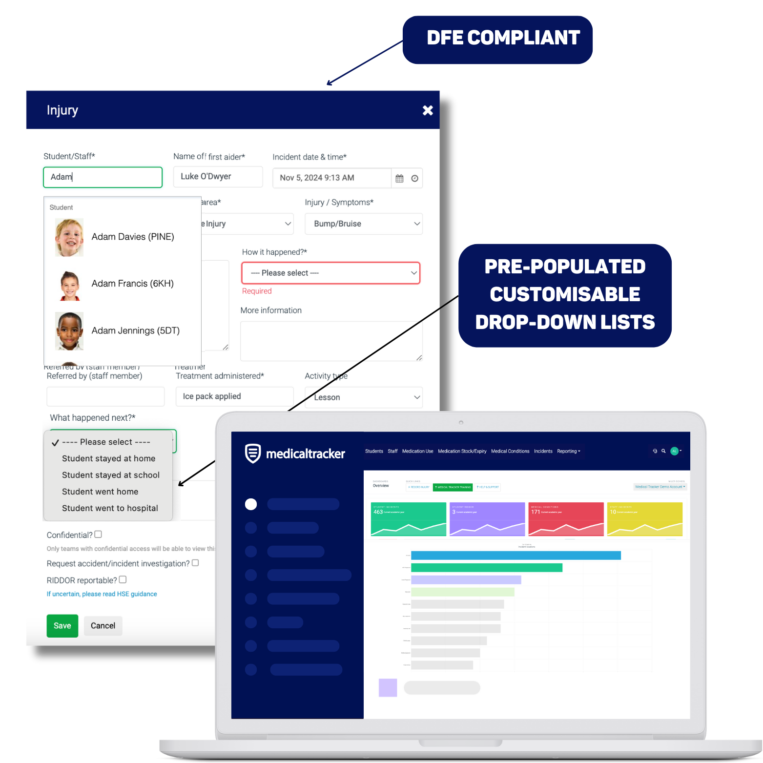 Medical Tracker dashboard highlight DfE-compliance and security