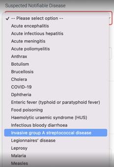 Drop down suspected notifiable disease list