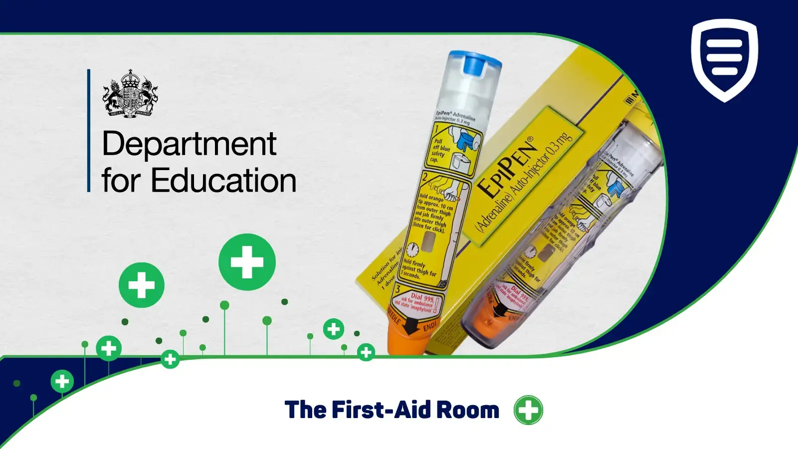 Image of adrenaline auto-injectors and Epi Pen packaging, Medical Tracker Logo, The First Aid Room logo, and the Department for Education's (DfE) logo