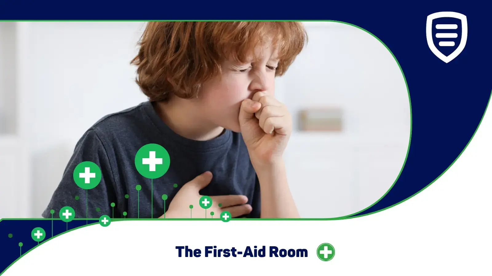 A child coughing and holding their chest. Medical Tracker logo on the top right and The First-Aid Room logo at the bottom.