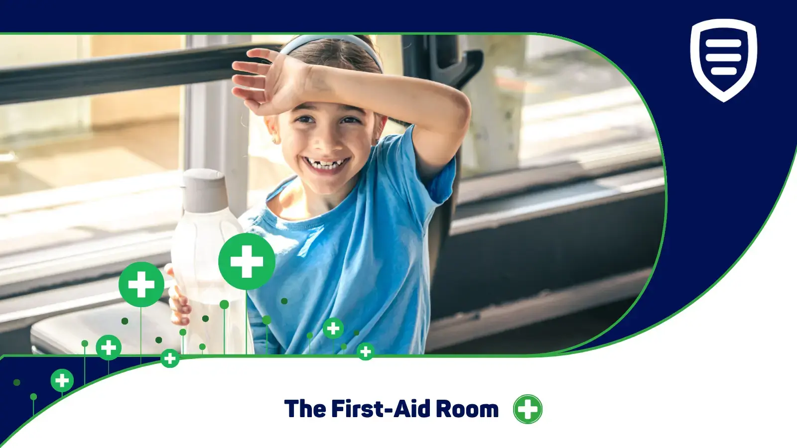 Young girl holding a water bottle in a PE room