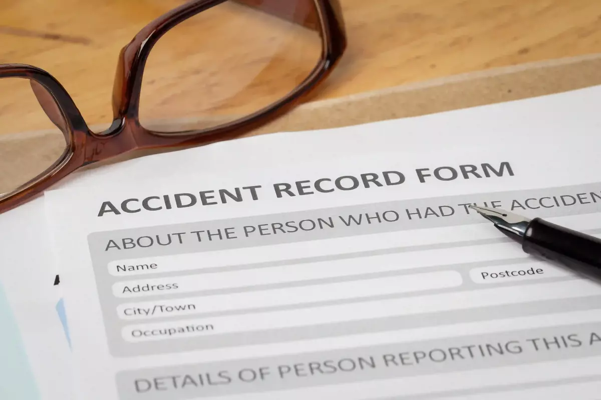 A blank accident record form, showing fields for the personal details of an injured person.