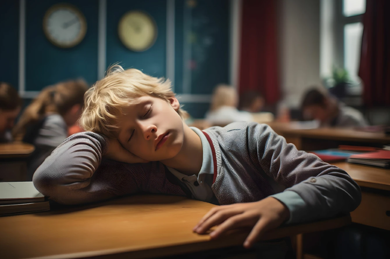 A boy rests his head on his hand and sleeps during a lesson in a school classroom.