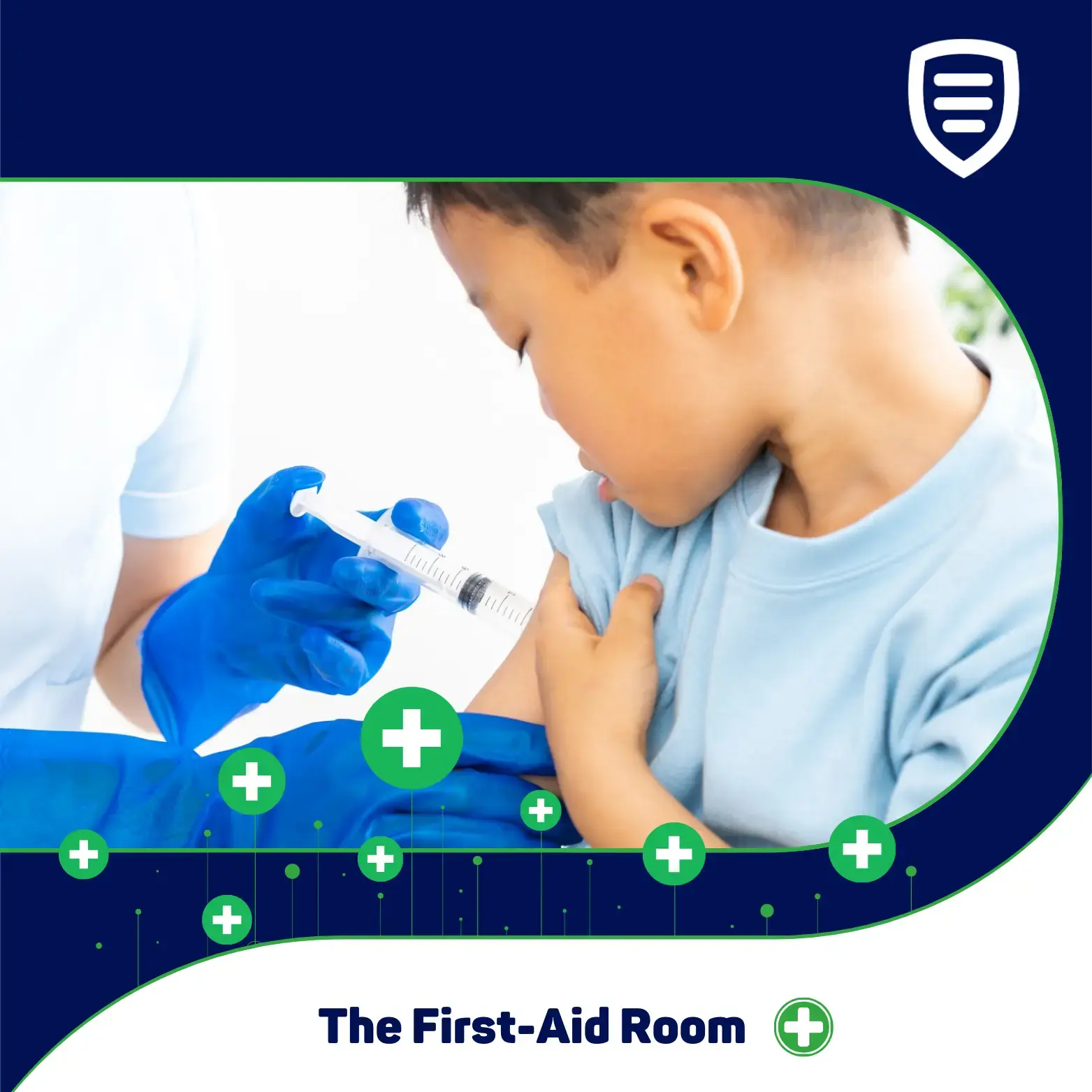 Child receiving a vaccine from a person dressed in white and wearing blue gloves